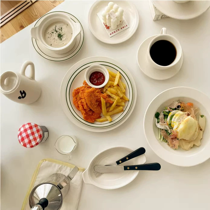 Porcelain Dinnerware Set with Green Rim tableware view 2