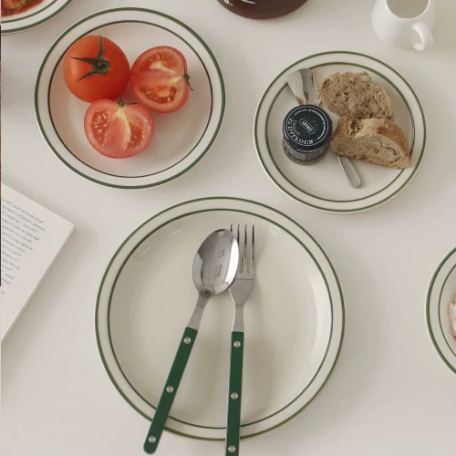 Porcelain Dinnerware Set with Green Rim tableware view 10