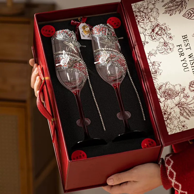 Crystal Champagne Glasses with Butterfly Decoration