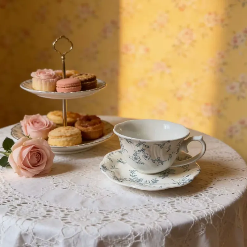 طقم فنجان قهوة وصحن سيراميك زهري فرنسي عتيق tableware view 4
