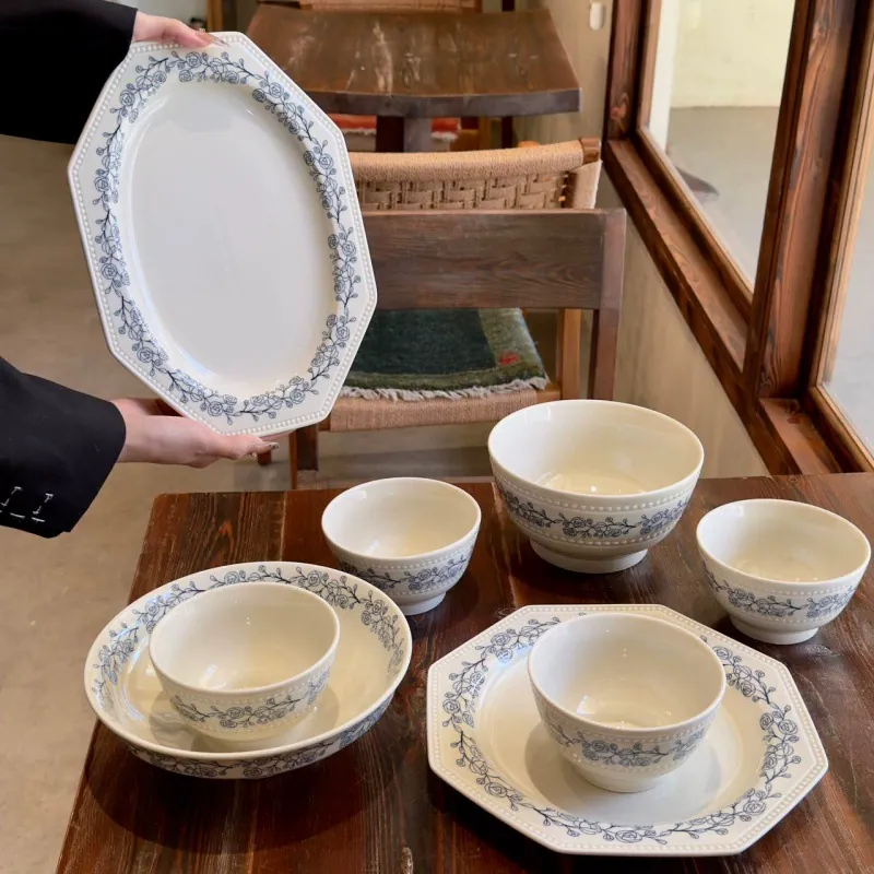 Hand-Painted Rose Porcelain Bowl and Plate Set