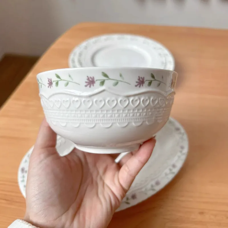 French Floral Embossed Ceramic Plate and Bowl