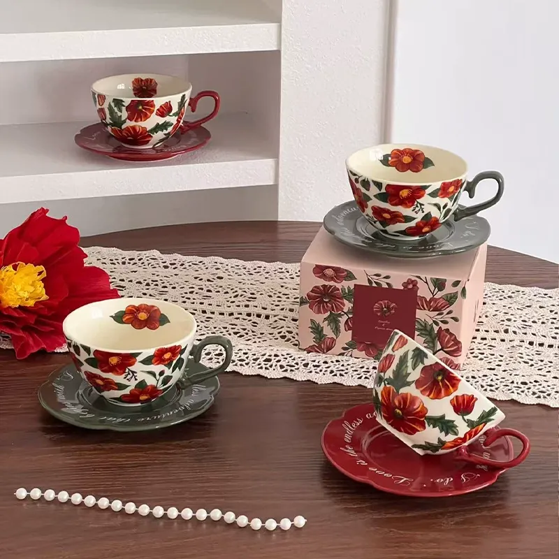 Vintage Red Rose Ceramic Coffee Cup and Saucer Set