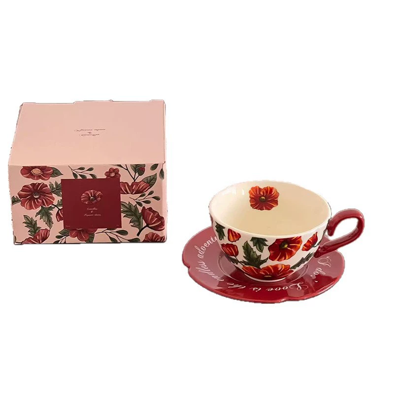 Conjunto de xícara de café e pires de cerâmica vintage rosa vermelha tableware view 5