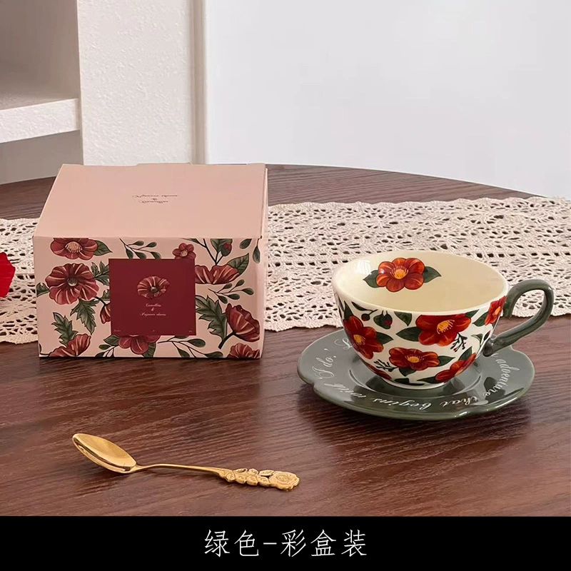 Conjunto de xícara de café e pires de cerâmica vintage rosa vermelha tableware view 6