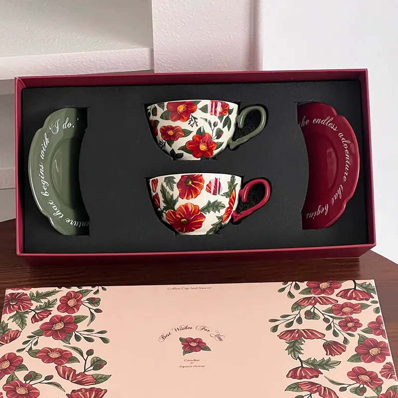 Juego de taza de café y platillo de cerámica vintage rosa óleo tableware view 2