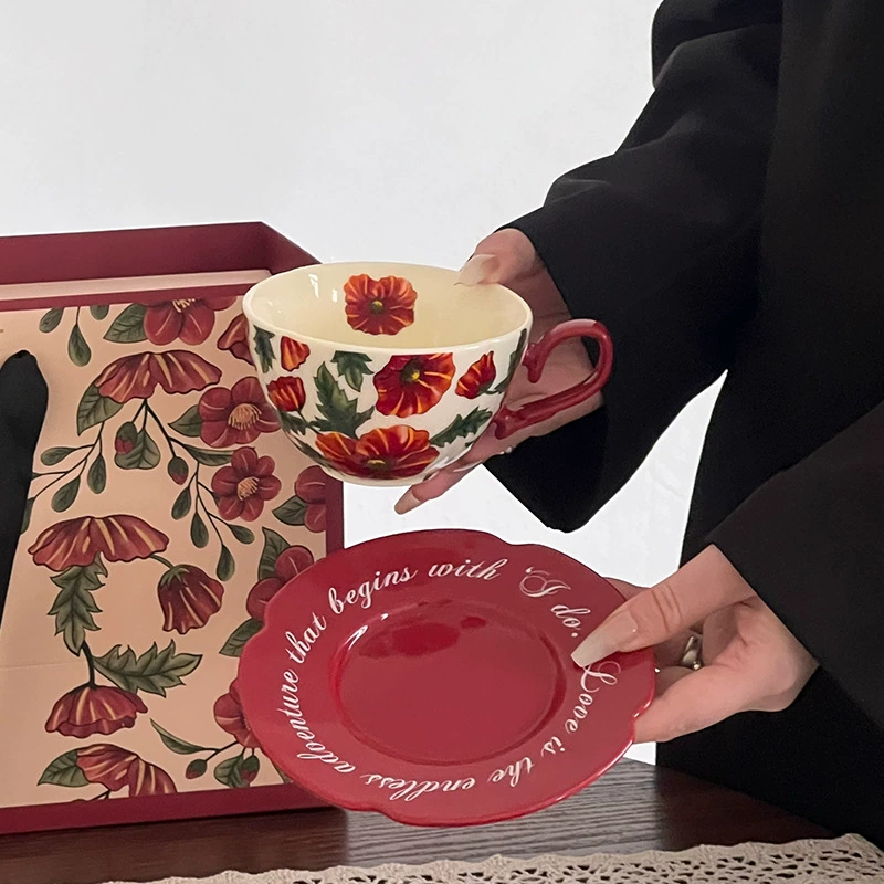Juego de taza de café y platillo de cerámica vintage rosa óleo tableware view 3