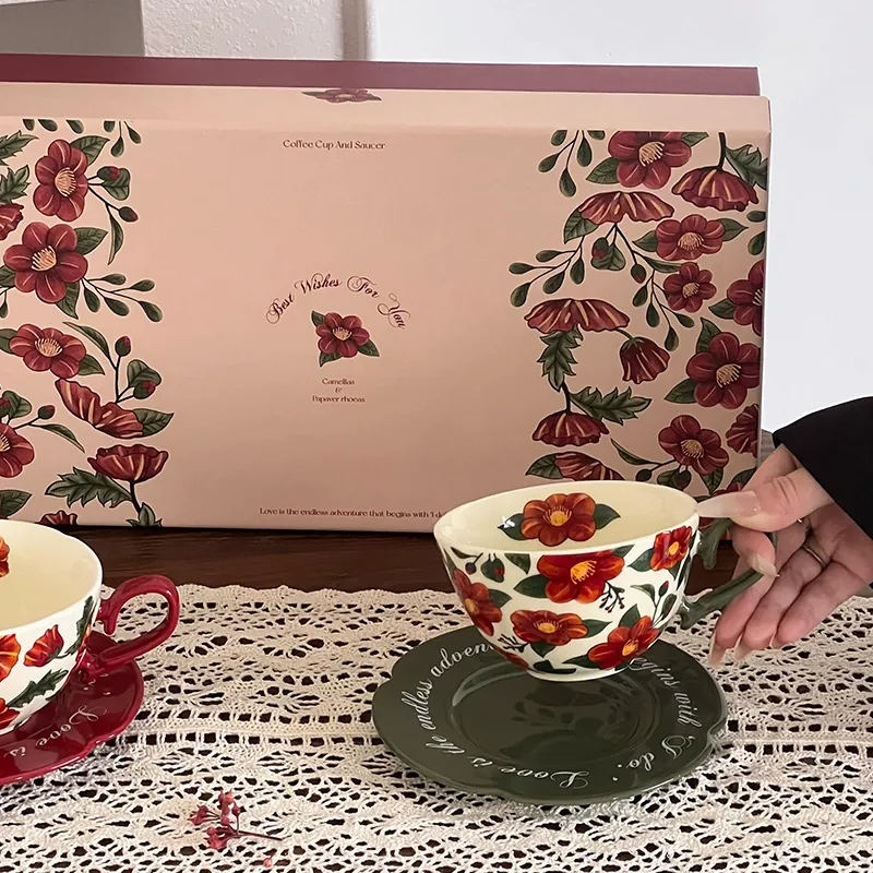 Juego de taza de café y platillo de cerámica vintage rosa óleo tableware view 4