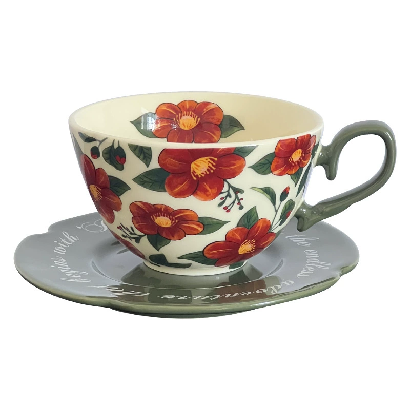 Juego de taza de café y platillo de cerámica vintage rosa óleo tableware view 5