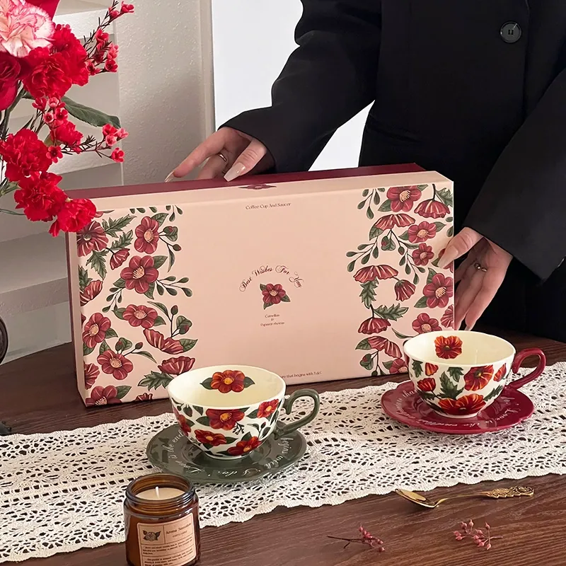 Juego de taza de café y platillo de cerámica vintage rosa óleo tableware view 6