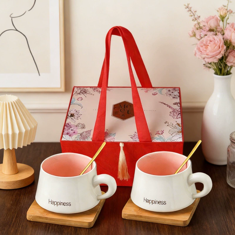 Yellow Ceramic Coffee Cup Gift Set with Tray tableware view 3