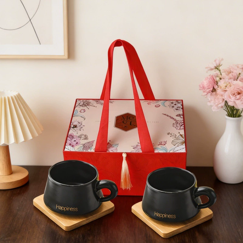 Yellow Ceramic Coffee Cup Gift Set with Tray tableware view 4