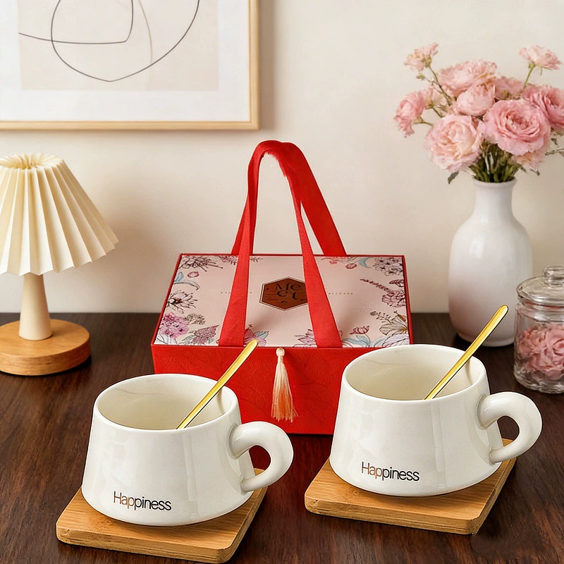Yellow Ceramic Coffee Cup Gift Set with Tray tableware view 9