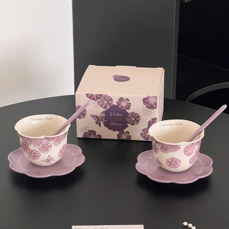 Purple Cherry Blossom Ceramic Coffee Cup and Saucer Set tableware view 2