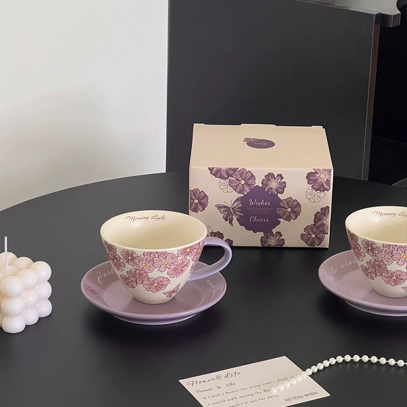 Purple Cherry Blossom Ceramic Coffee Cup and Saucer Set tableware view 3