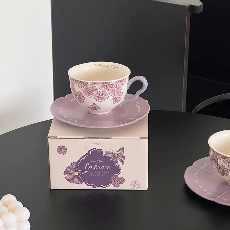 Purple Cherry Blossom Ceramic Coffee Cup and Saucer Set tableware view 4
