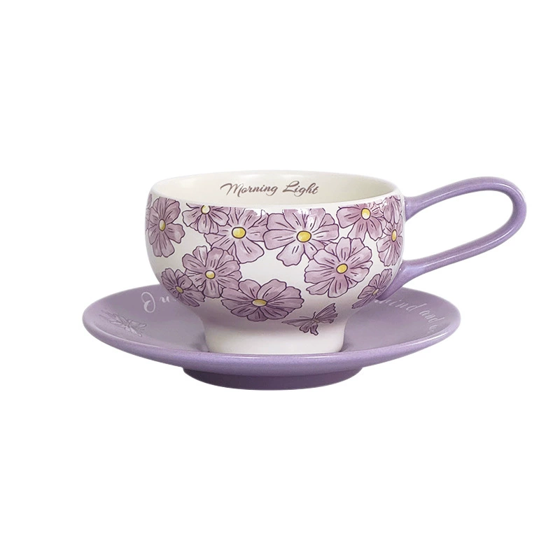 Purple Cherry Blossom Ceramic Coffee Cup and Saucer Set tableware view 5