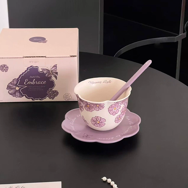 Purple Cherry Blossom Ceramic Coffee Cup and Saucer Set tableware view 6