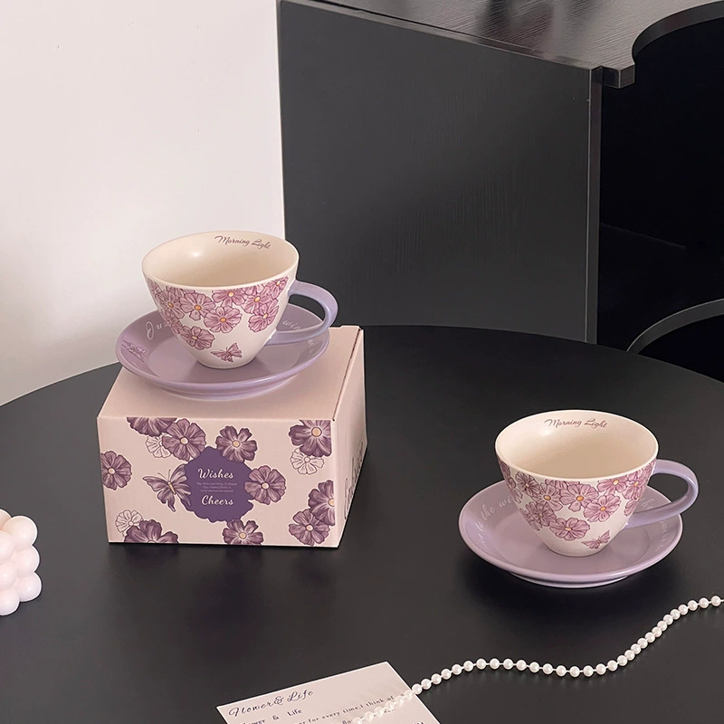 Purple Cherry Blossom Ceramic Coffee Cup and Saucer Set tableware view 7