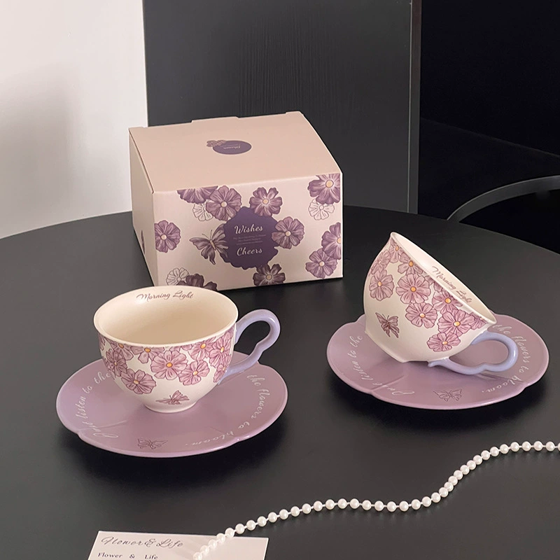 Purple Cherry Blossom Ceramic Coffee Cup and Saucer Set tableware view 8