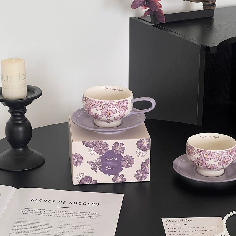 Purple Cherry Blossom Ceramic Coffee Cup and Saucer Set tableware view 9