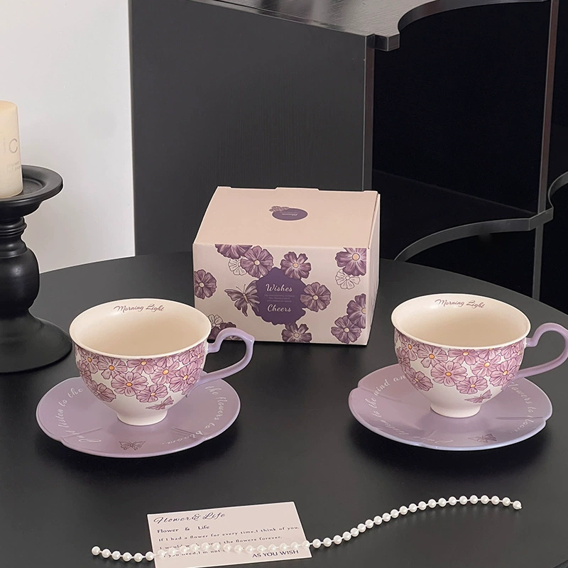 Purple Cherry Blossom Ceramic Coffee Cup and Saucer Set tableware view 10