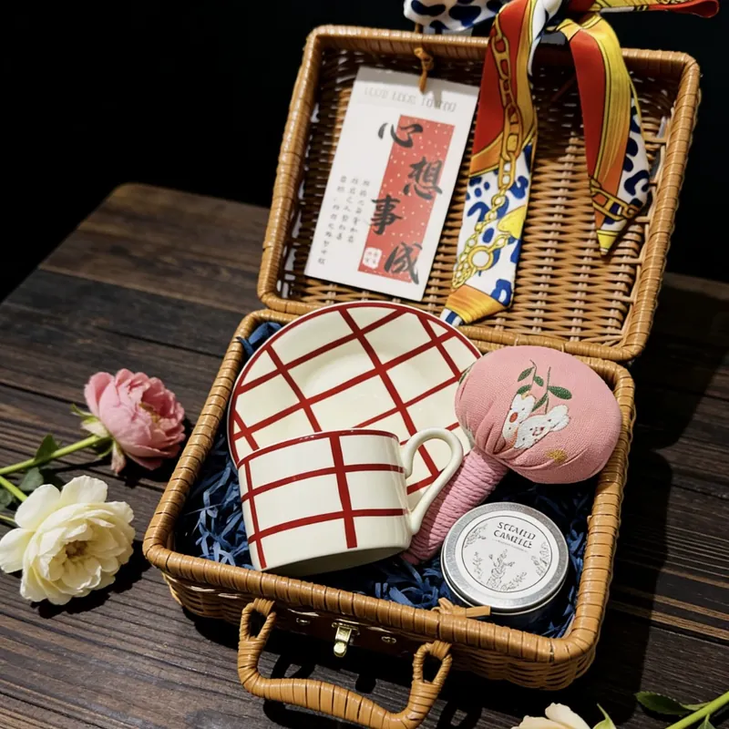 Ceramic Coffee Cup Gift Set with Wicker Basket