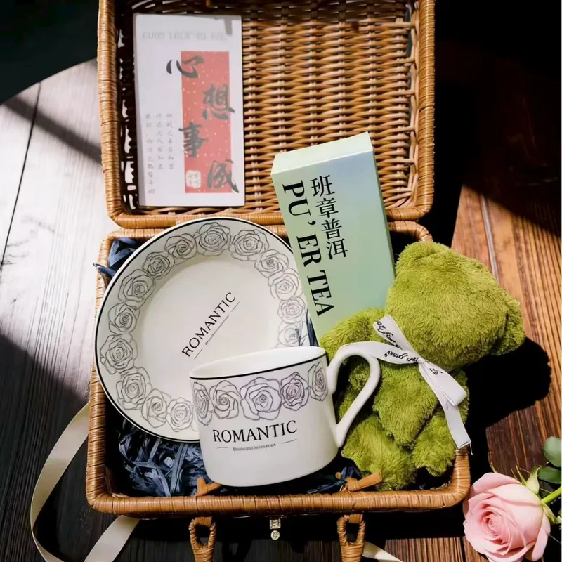 Ceramic Coffee Cup Gift Set with Wicker Basket tableware view 2