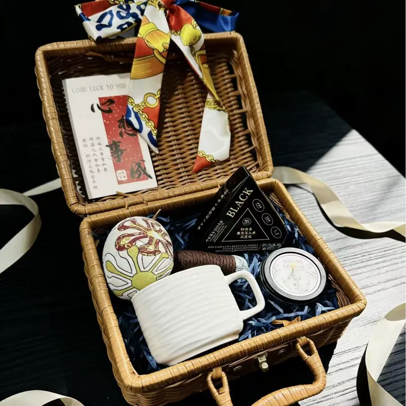 Ceramic Coffee Cup Gift Set with Wicker Basket tableware view 3