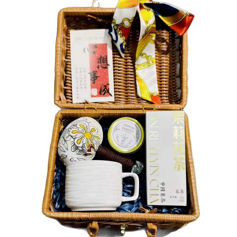 Ceramic Coffee Cup Gift Set with Wicker Basket tableware view 5