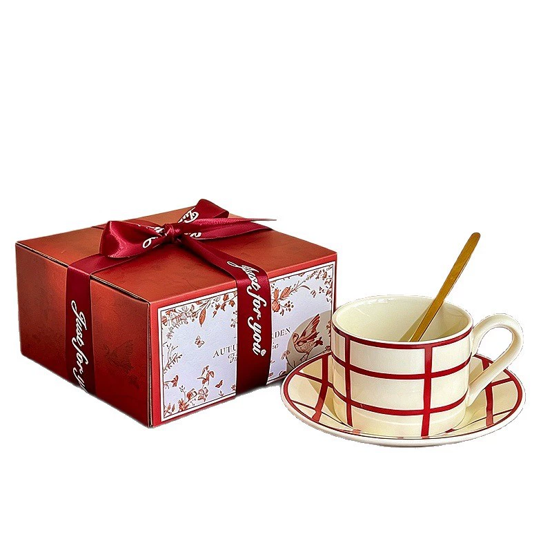 Conjunto de presente de xícaras de café de cerâmica xadrez vermelho tableware view 5