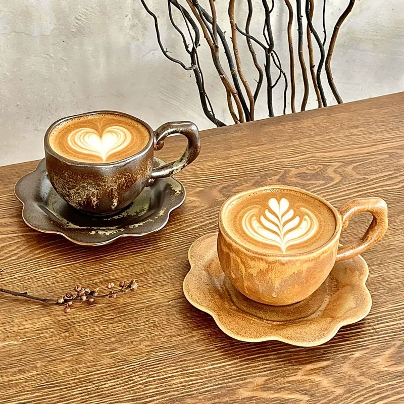 Japanese Kiln-Changed Ceramic Coffee Cup and Saucer Set