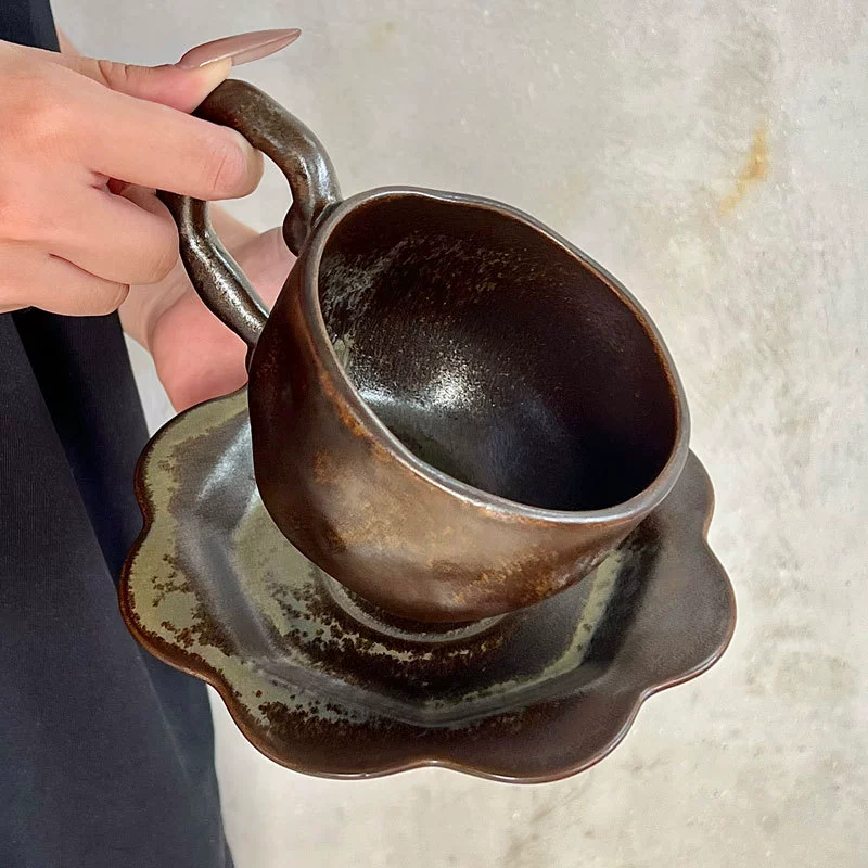 طقم فنجان وصحن قهوة سيراميك بتأثير الفرن الياباني tableware view 4