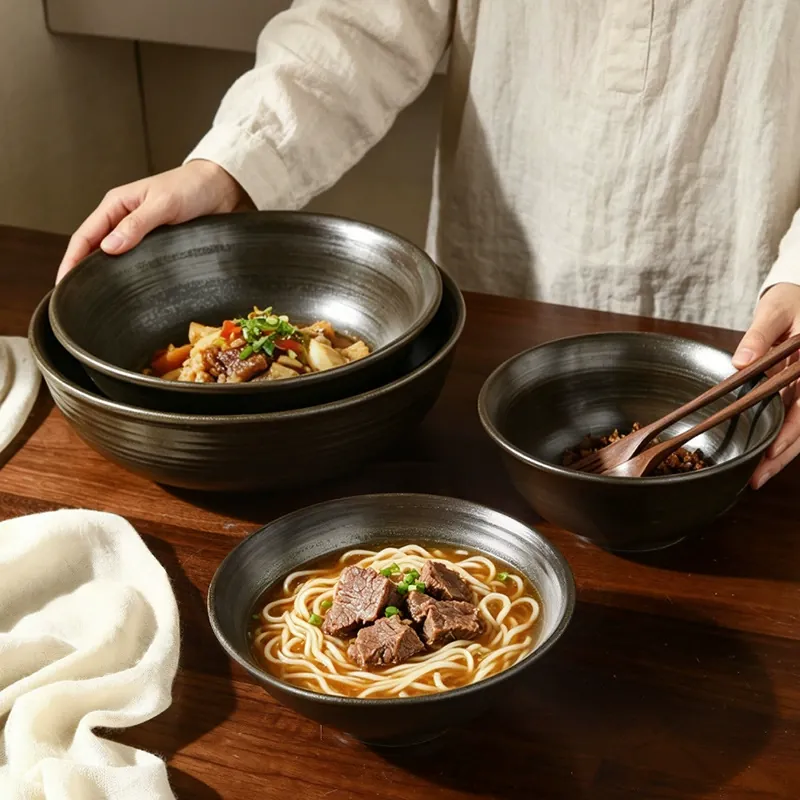 Stoneware Noodle Bowl with Black Rim