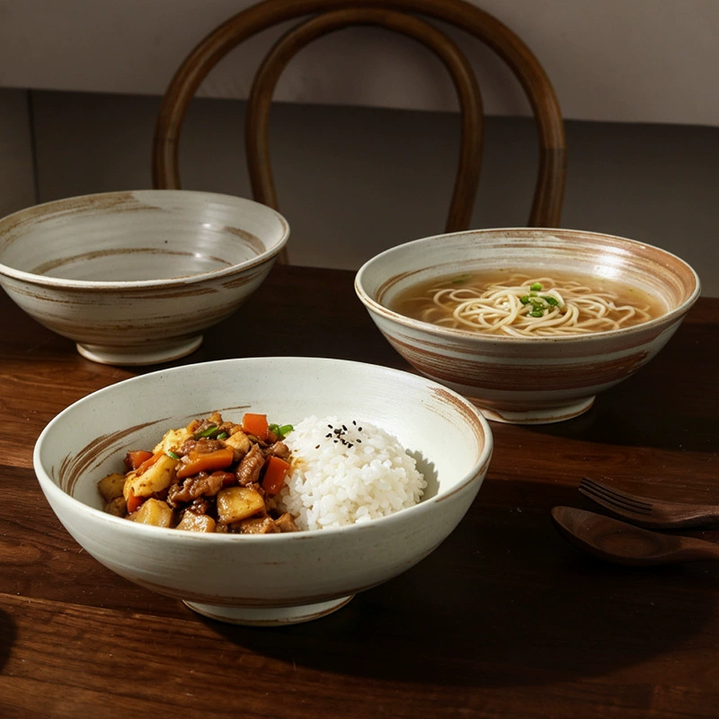 Porcelain Noodle Bowl with Distressed Finish