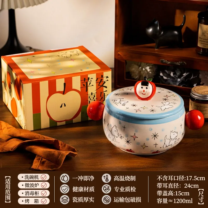 وعاء نودلز بورسلين مرسوم يدويًا بغطاء tableware view 6