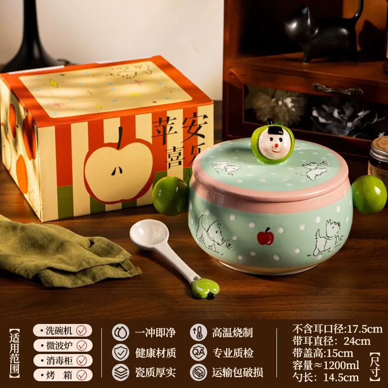 وعاء نودلز بورسلين مرسوم يدويًا بغطاء tableware view 9