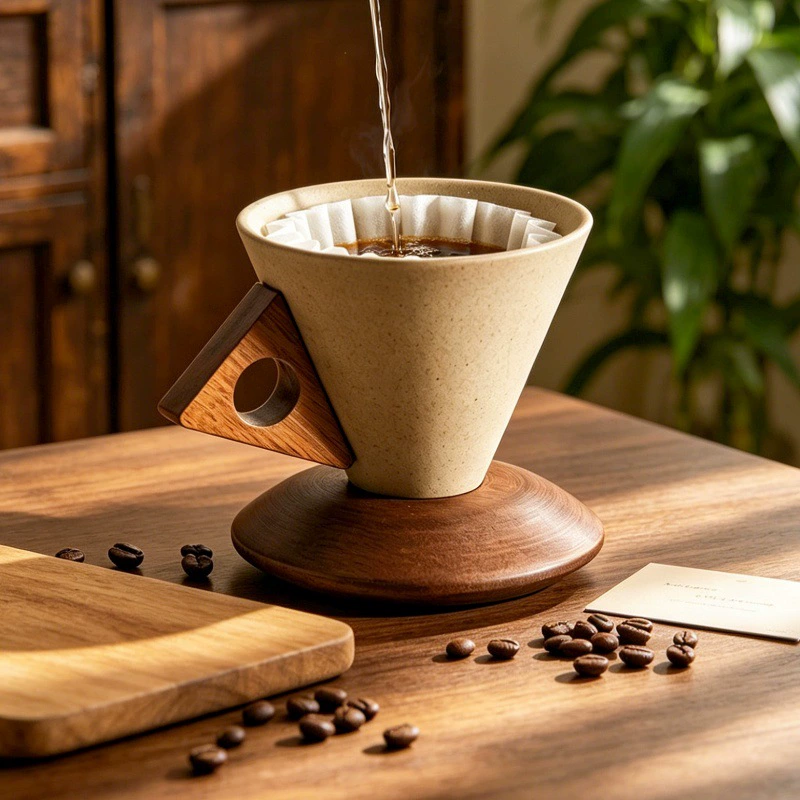 Vintage Ceramic Coffee Cup Set with Wooden Handle tableware view 2