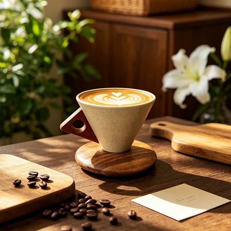 Vintage Ceramic Coffee Cup Set with Wooden Handle tableware view 3