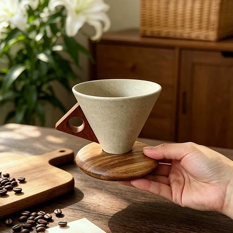 Vintage Ceramic Coffee Cup Set with Wooden Handle tableware view 4
