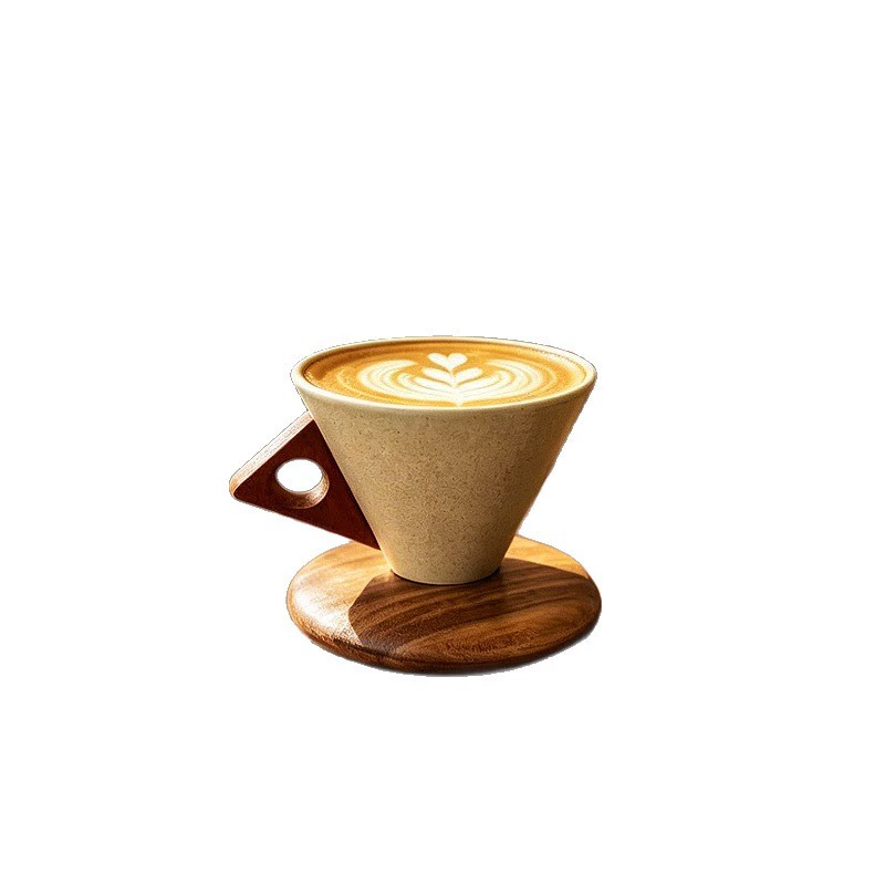 Vintage Ceramic Coffee Cup Set with Wooden Handle tableware view 5