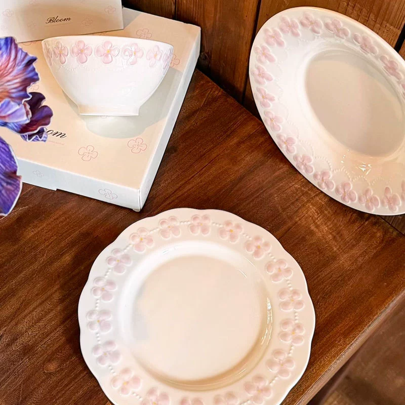 Cherry Blossom Embossed Ceramic Plate Set