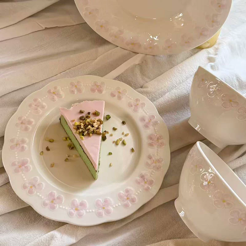 Service d'assiettes en céramique fleur de cerisier embossée tableware view 3