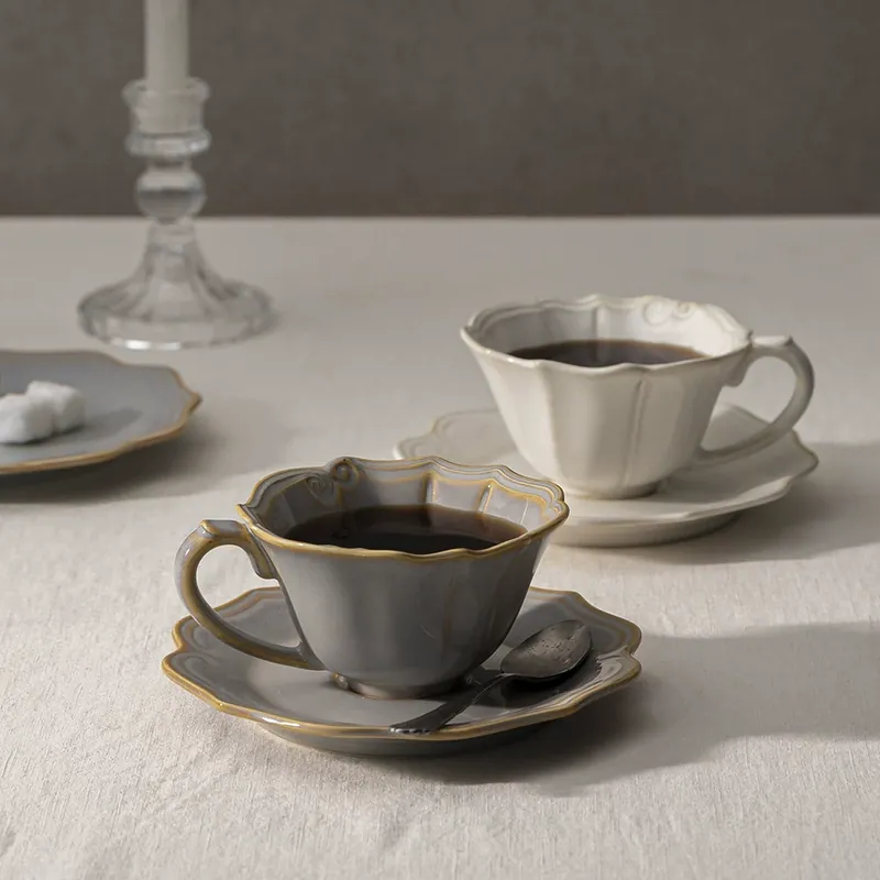 Porcelain Coffee Cup and Saucer Set with Relief