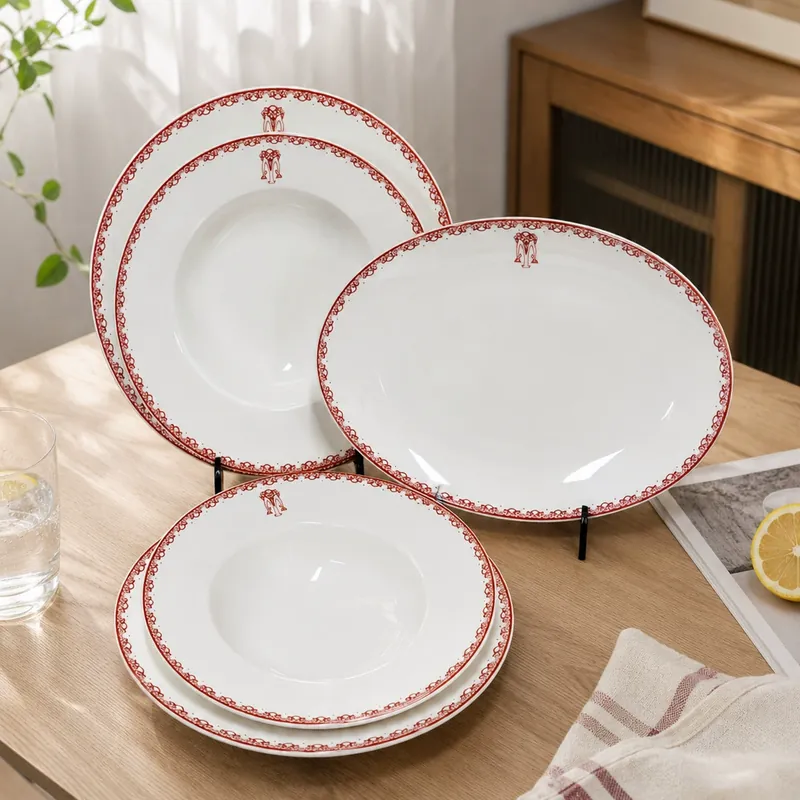 Porcelain Oval Plate with Red Floral Edge