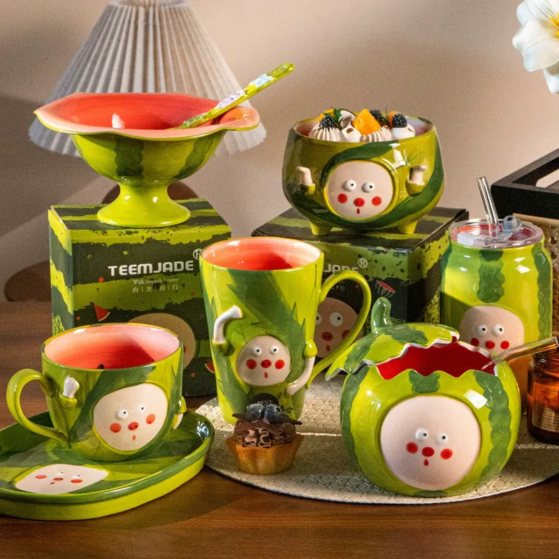 Hand-Painted Rice Bowl with Melon Design