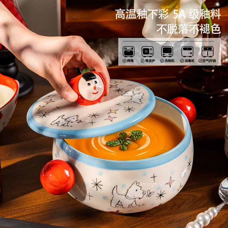 وعاء نودلز خزفي مرسوم يدويًا بغطاء tableware view 2