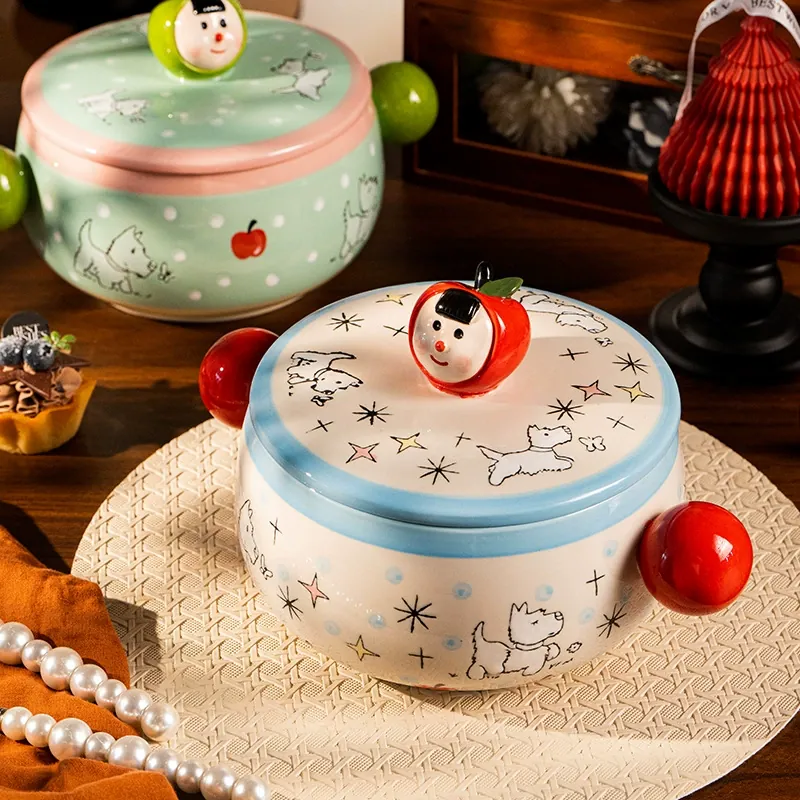 وعاء نودلز خزفي مرسوم يدويًا بغطاء tableware view 3
