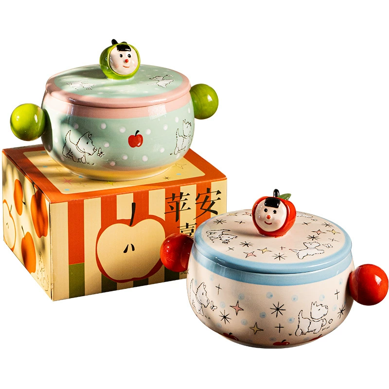 وعاء نودلز خزفي مرسوم يدويًا بغطاء tableware view 5