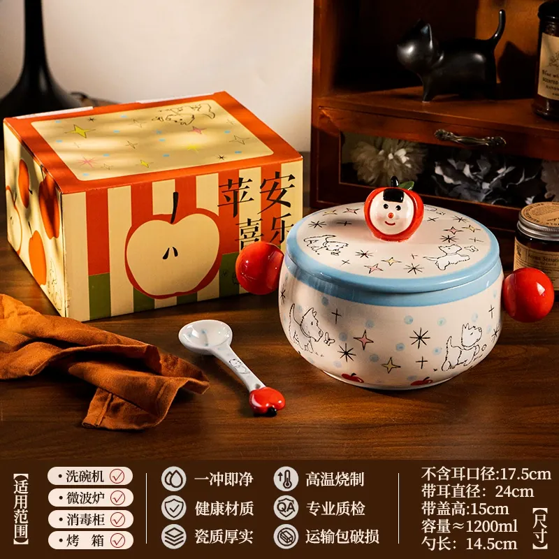 وعاء نودلز خزفي مرسوم يدويًا بغطاء tableware view 8